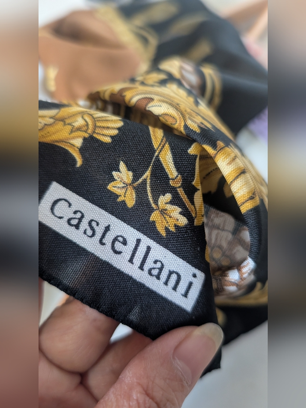 Castellani Vintage Elegant Black and Brown Baroque Print Silk Scarf - Picture 8 of 8